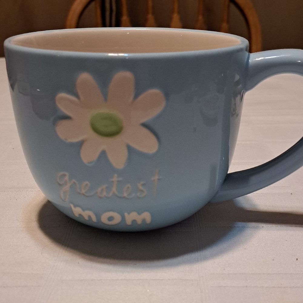 Blue Ceramic Mug with Flower Design. greatest mom, Sandra Magsamen